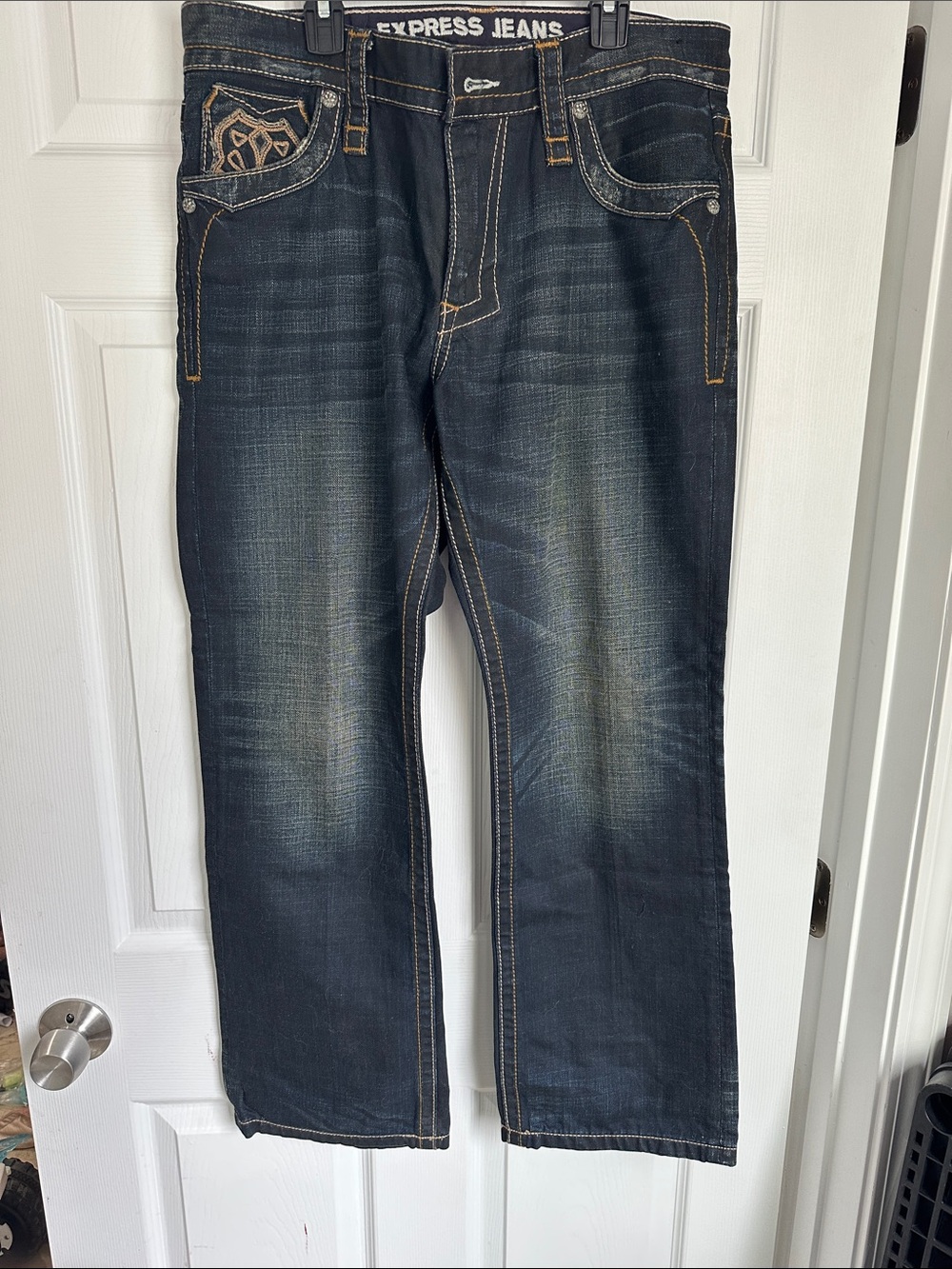 Express Men's Bootcut Roco Slim Boot Jeans in Dark Blue with Contrast Stitchingt